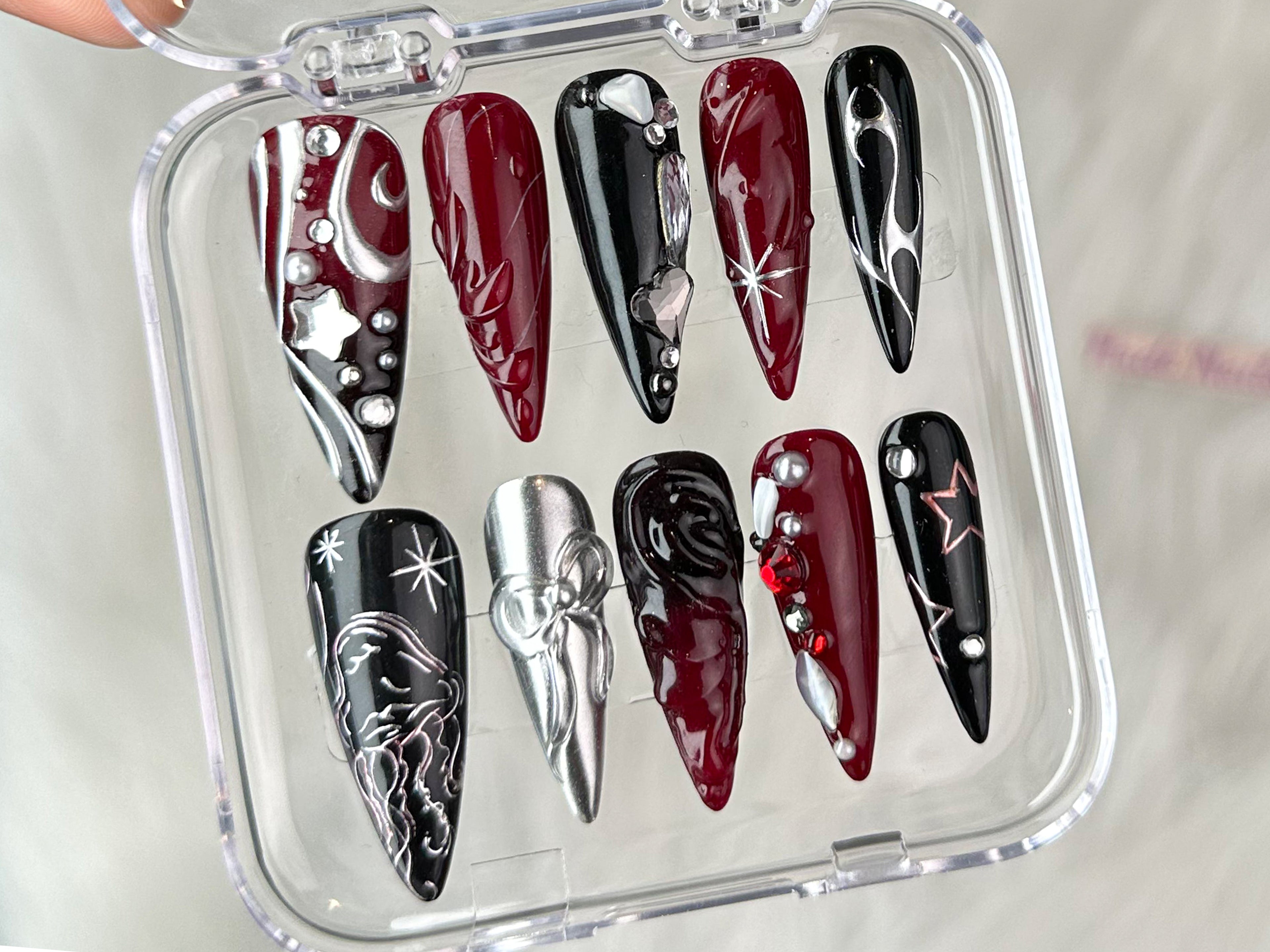 Luxury Black 3D Press On Nails | Red Press On Nails Unique Design | Nail Art | Y2k Nails | Acrylic Nails, Nails press on | Gift for her |HD23T