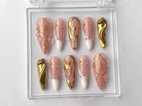 Luxury Gold Swirl Press On Nails | Elegant Gold-Infused Nail Art | Modern Pink Press On Nails with Gold Detailing On Fake Nails | HD290T