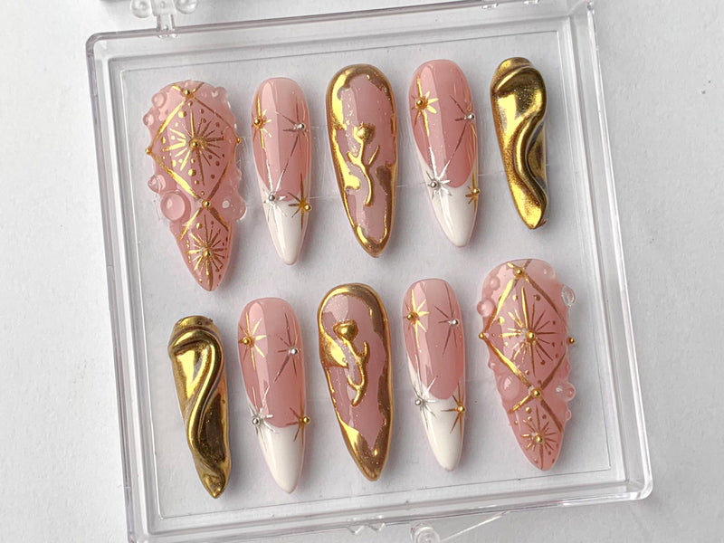 Luxury Gold Swirl Press On Nails | Elegant Gold-Infused Nail Art | Modern Pink Press On Nails with Gold Detailing On Fake Nails | HD290T