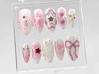 Glamorous Pink Press On Nails | Charming Pink Bow On Fake Nails | Nail Charms | Elegant Star Charms Y2k Nails | Pink press on nails |HD444T
