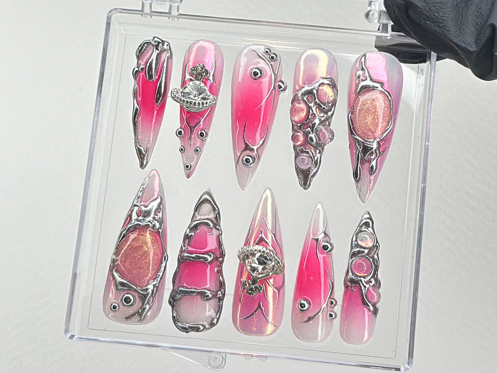 Y2k Pink Press On Nails | Custom Design Nail Art, Fake Nails for Birthday | Ombre Pink Nail Art | Nail Charms | Pink press ons | HD534TL