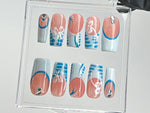 Summer Vibes Press On Nails | Blue French TipsNail Art | 3D Floral On Fake Nails | Custom Design Nail Art, Fake Nails | Press Ons | HD542T