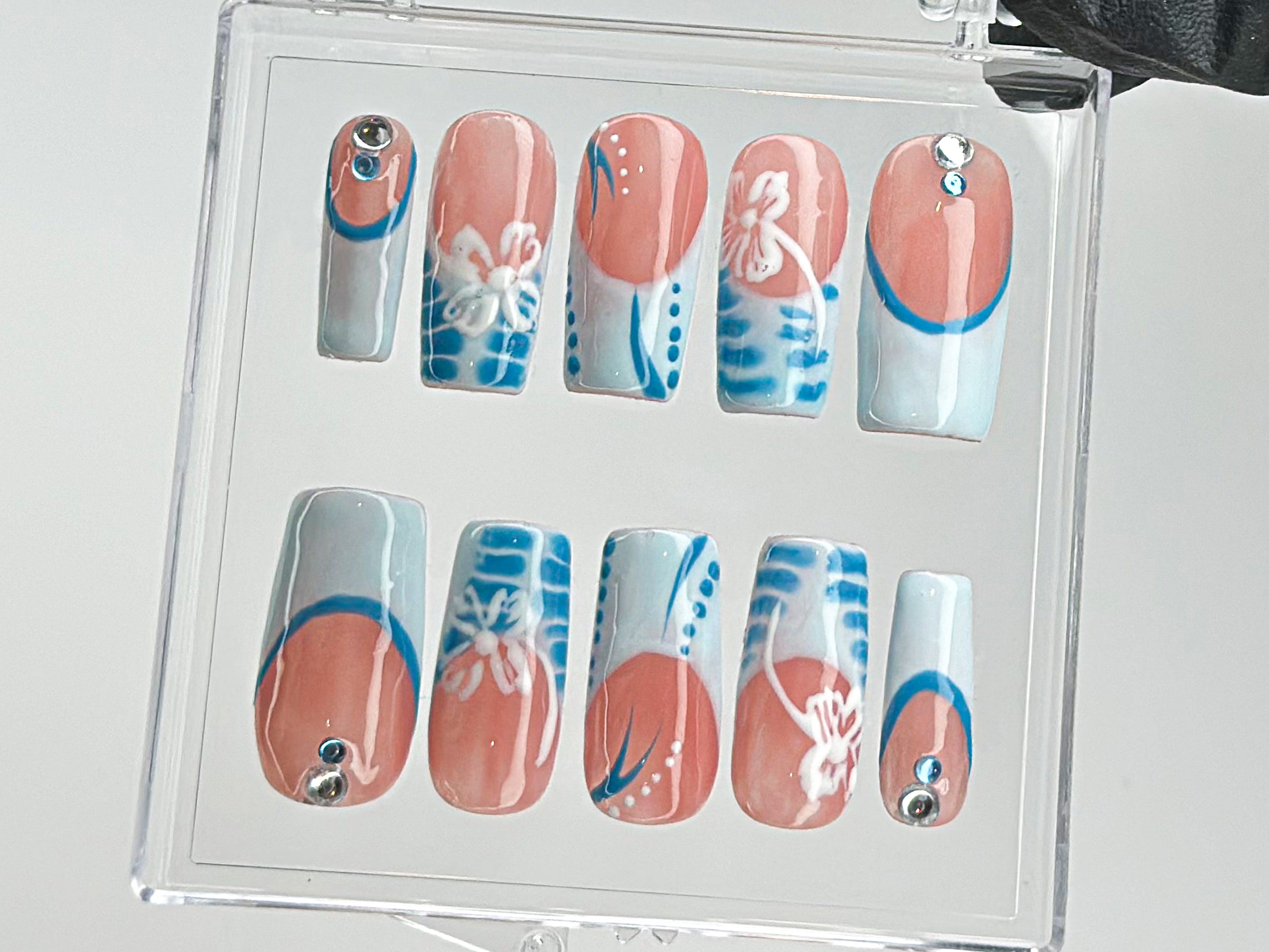 Summer Vibes Press On Nails | Blue French TipsNail Art | 3D Floral On Fake Nails | Custom Design Nail Art, Fake Nails | Press Ons | HD542T