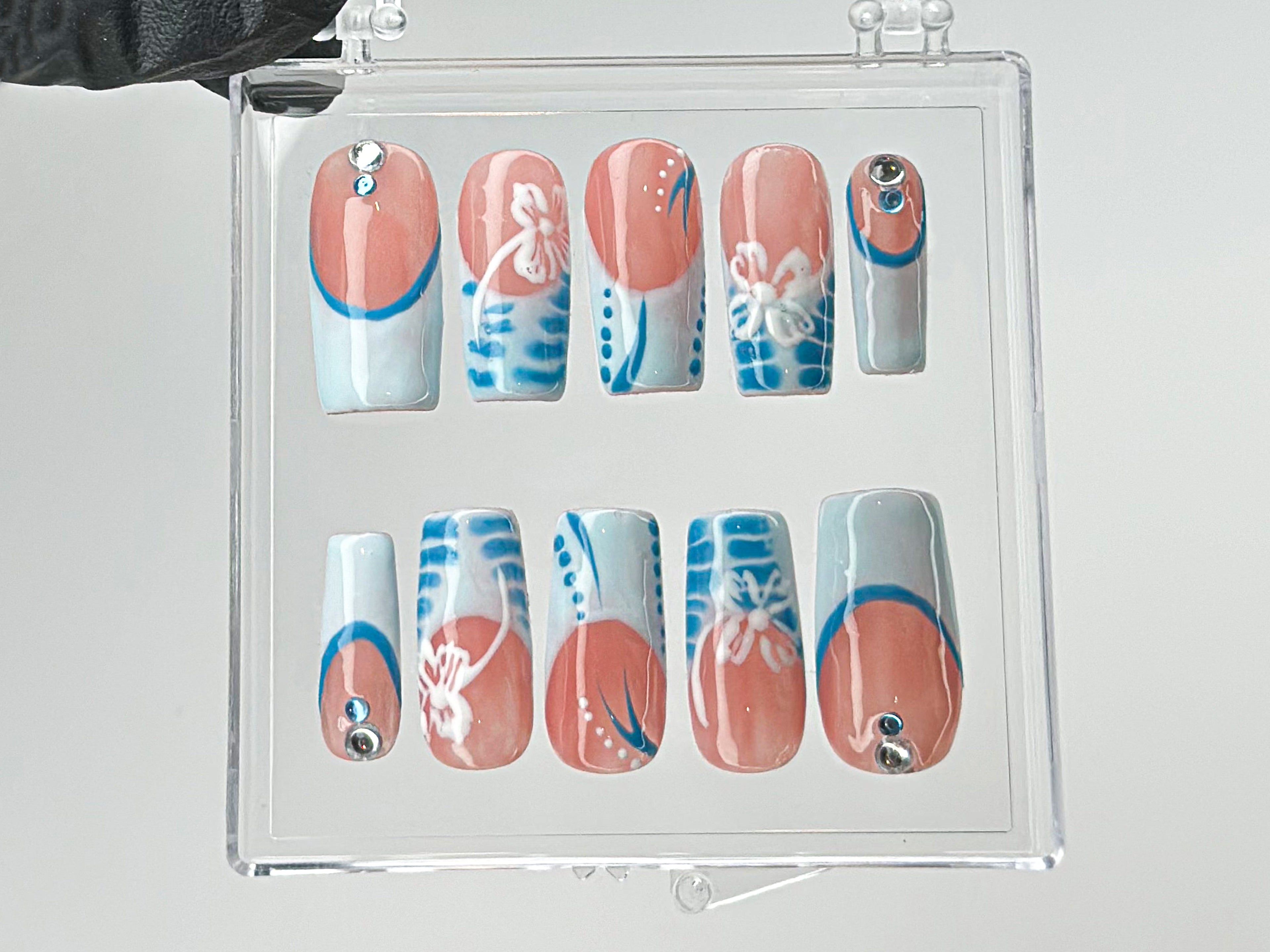 Summer Vibes Press On Nails | Blue French TipsNail Art | 3D Floral On Fake Nails | Custom Design Nail Art, Fake Nails | Press Ons | HD542T