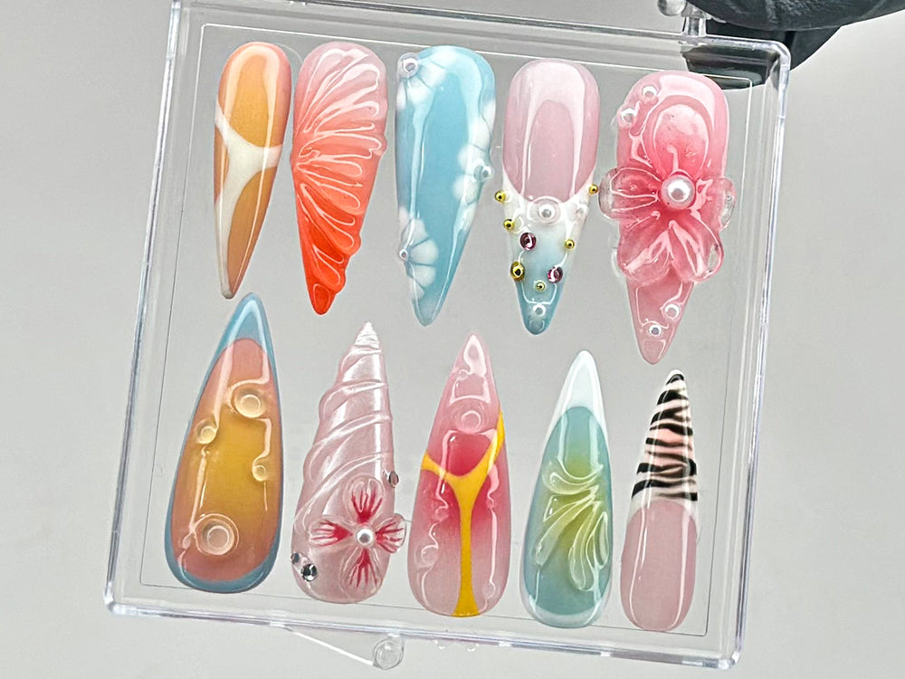 Vibrant Floral Press On Nails | Stunning 3D Floral On Fake Nails | French Tips Nail Art | Y2k nails | Dreamy Nails for Birthday | HD550T