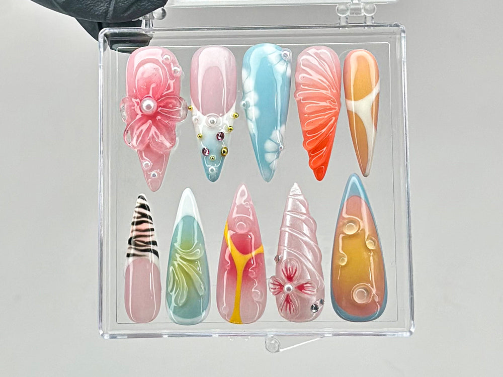 Vibrant Floral Press On Nails | Stunning 3D Floral On Fake Nails | French Tips Nail Art | Y2k nails | Dreamy Nails for Birthday | HD550T
