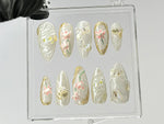 Elegant Lotus Flower Press On Nails | Chic White & Gold On Fake Nails | 3D Floral Acrylic Nails | Butterfly charm nails press on | HD559TL