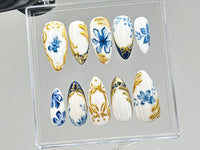 Blue Floral Chrome Press On Nails | BL90