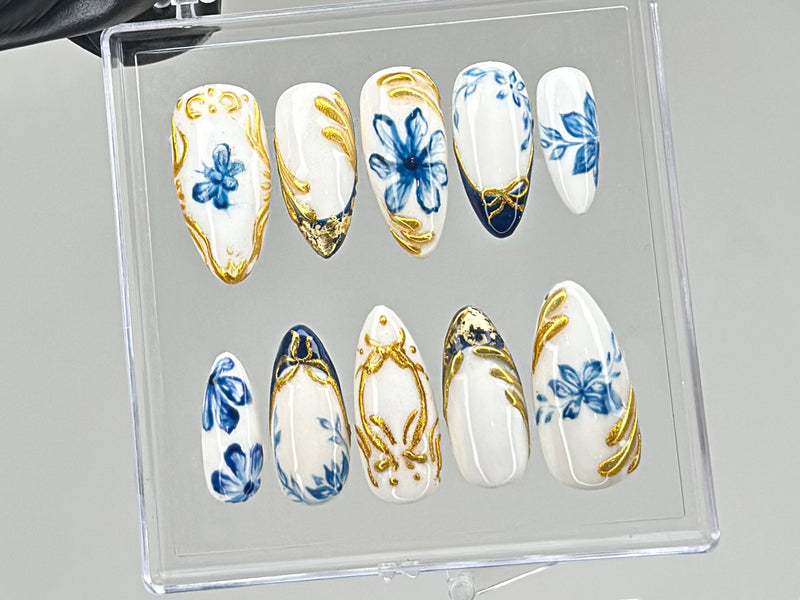 Blue Floral Chrome Press On Nails | BL90