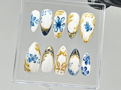Blue Floral Chrome Press On Nails | BL90