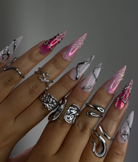 DoryNail Chrome Flame Aura Press On Nails | Pink Iridescent Nail Art | Metallic 3D Wave Design | Futuristic Chrome Nails | Handmade Statement Set