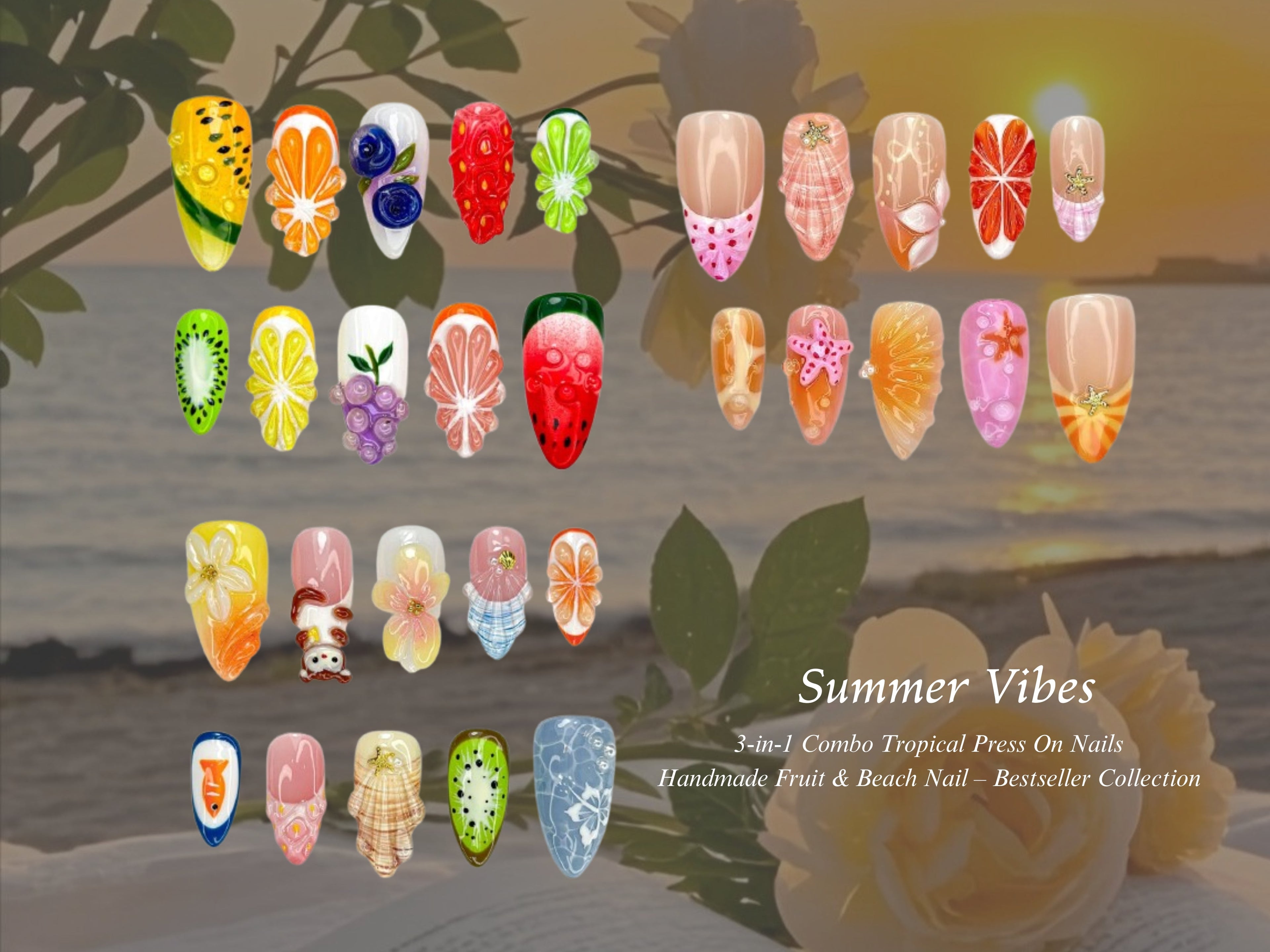 Combo Summer Vibes Press On Nails | 3D Tropical Fruit Nail Art | Handmade Kiwi, Watermelon & Citrus Nails | Beach Vacation Nail Set