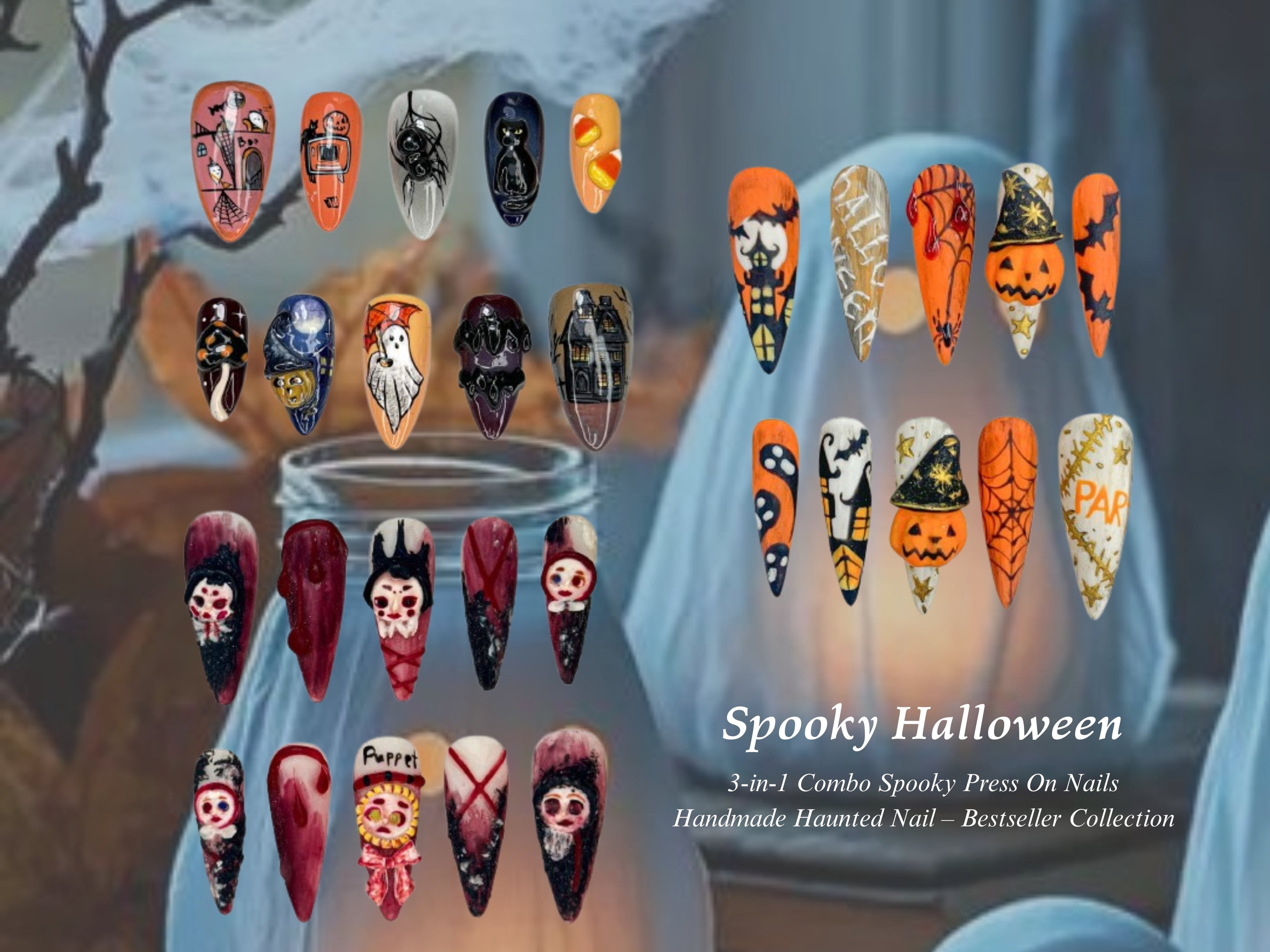 Combo Spooky Halloween Press On Nails | 3D Haunted House Nail Art | Pumpkin, Ghost & Skull Nails | Handmade Creepy Cute Nail Set