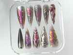 Futuristic Metallic Press On Nails | Unique 3D Holographic Fake Nails | Chrome Metallic Acrylic Nails | Holographic 3D Nail Polish | HD539YH