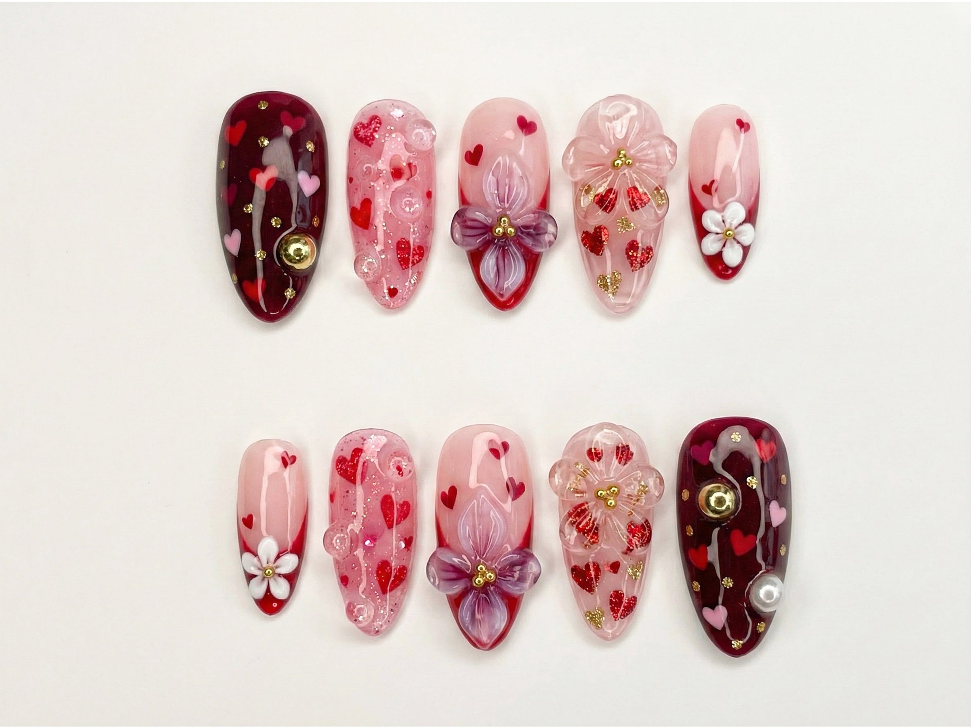 Sweetheart Bloom Press On Nails | Valentine Heart Nails | Pink Red Romantic Nails | 3D Flower Press On Nails | Handmade Love Nail Art |  DB13L