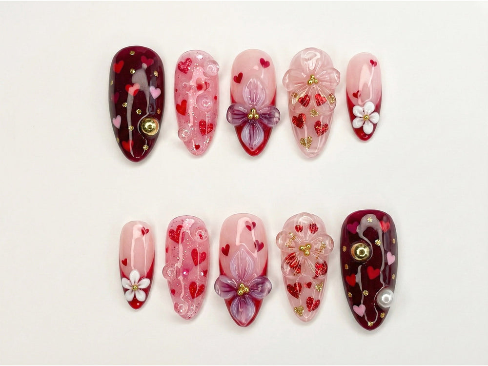 Sweetheart Bloom Press On Nails | Valentine Heart Nails | Pink Red Romantic Nails | 3D Flower Press On Nails | Handmade Love Nail Art |  DB13L