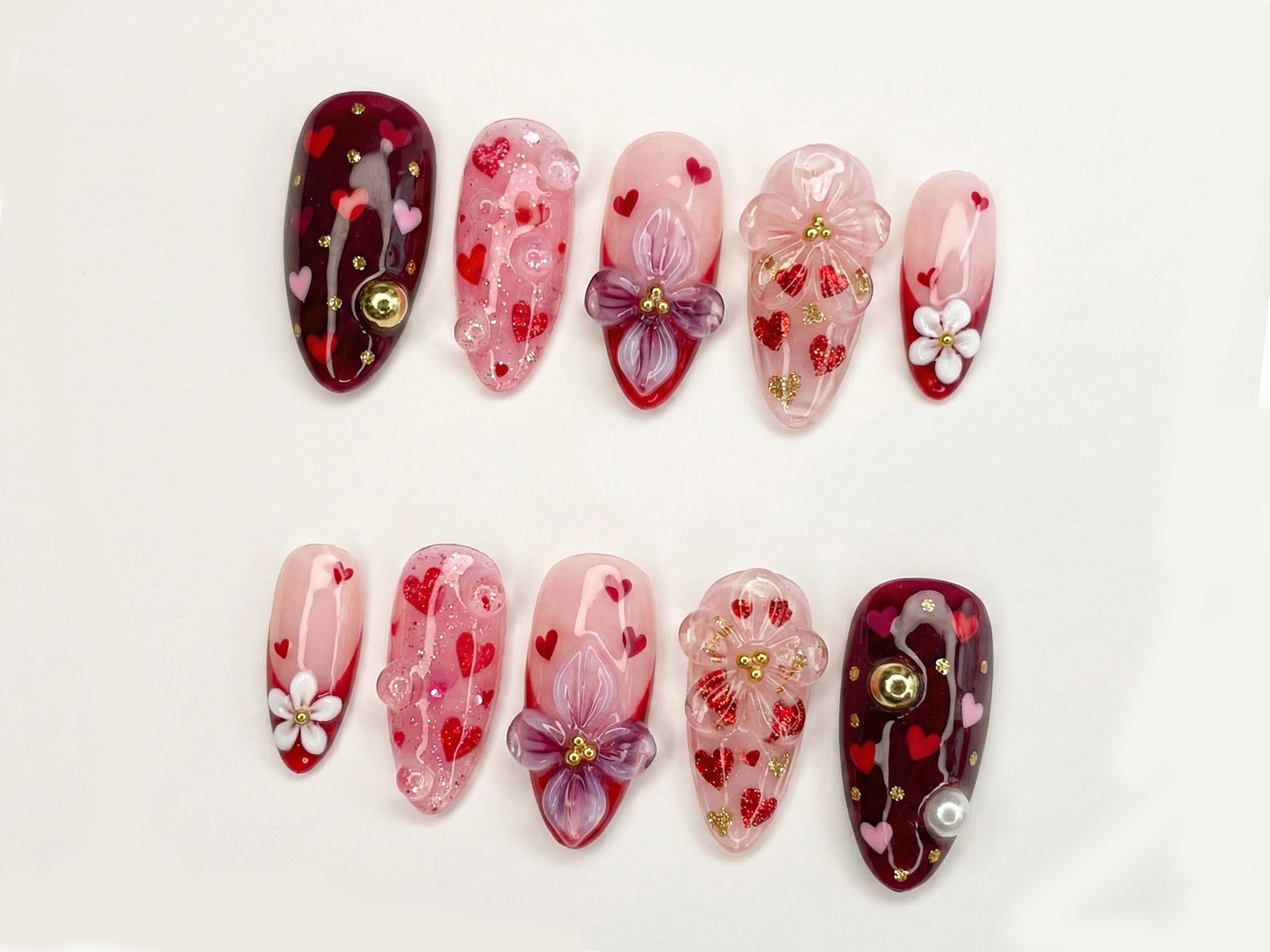 Sweetheart Bloom Press On Nails | Valentine Heart Nails | Pink Red Romantic Nails | 3D Flower Press On Nails | Handmade Love Nail Art |  DB13L