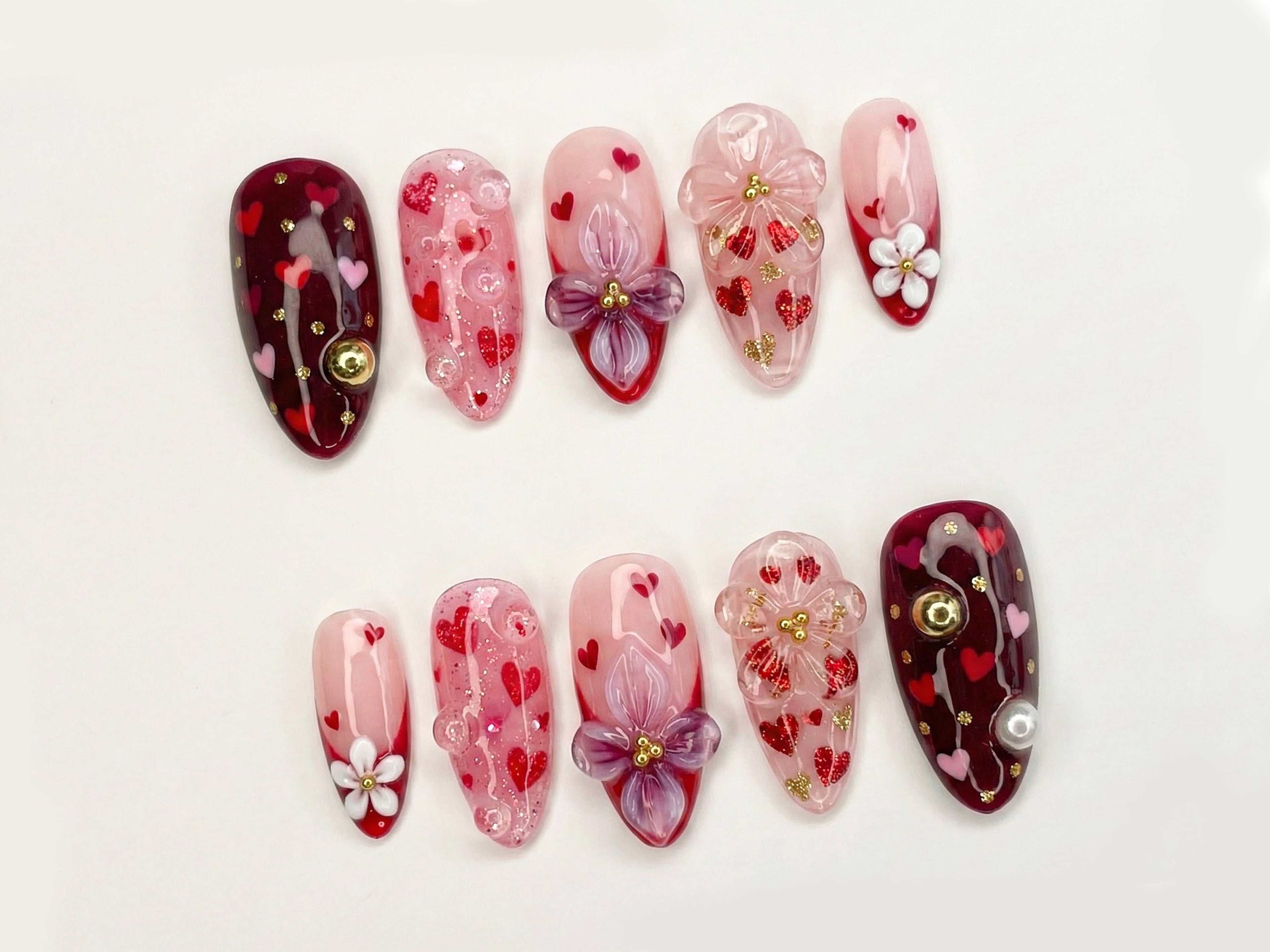 Sweetheart Bloom Press On Nails | Valentine Heart Nails | Pink Red Romantic Nails | 3D Flower Press On Nails | Handmade Love Nail Art |  DB13L