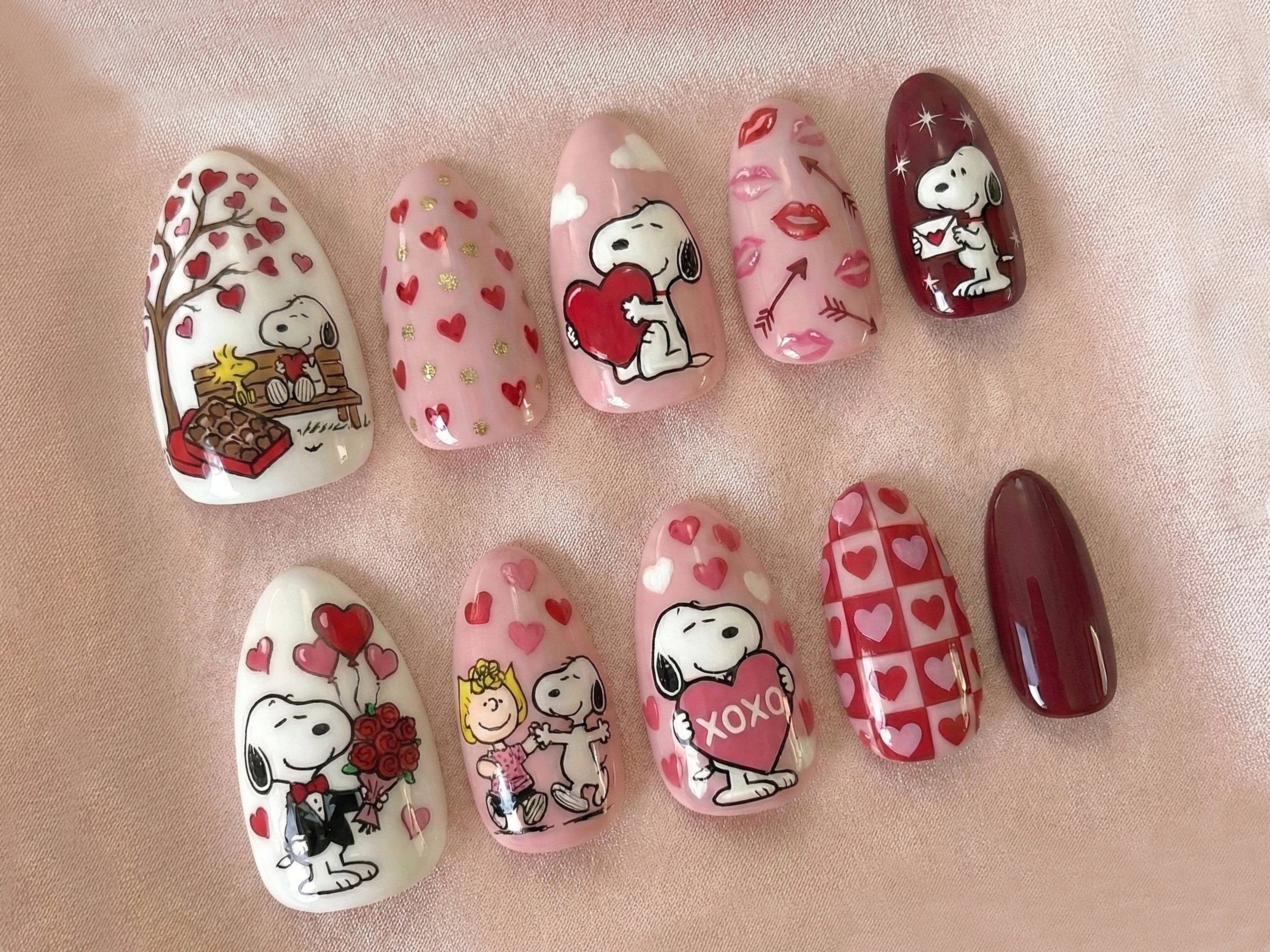 Snoopy Love Story Press On Nails | Valentine Cartoon Nails | Pink Heart Nail Art | Cute Snoopy & Peanuts Design | Handmade Press Ons