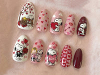 Snoopy Love Story Press On Nails | Valentine Cartoon Nails | Pink Heart Nail Art | Cute Snoopy & Peanuts Design | Handmade Press Ons