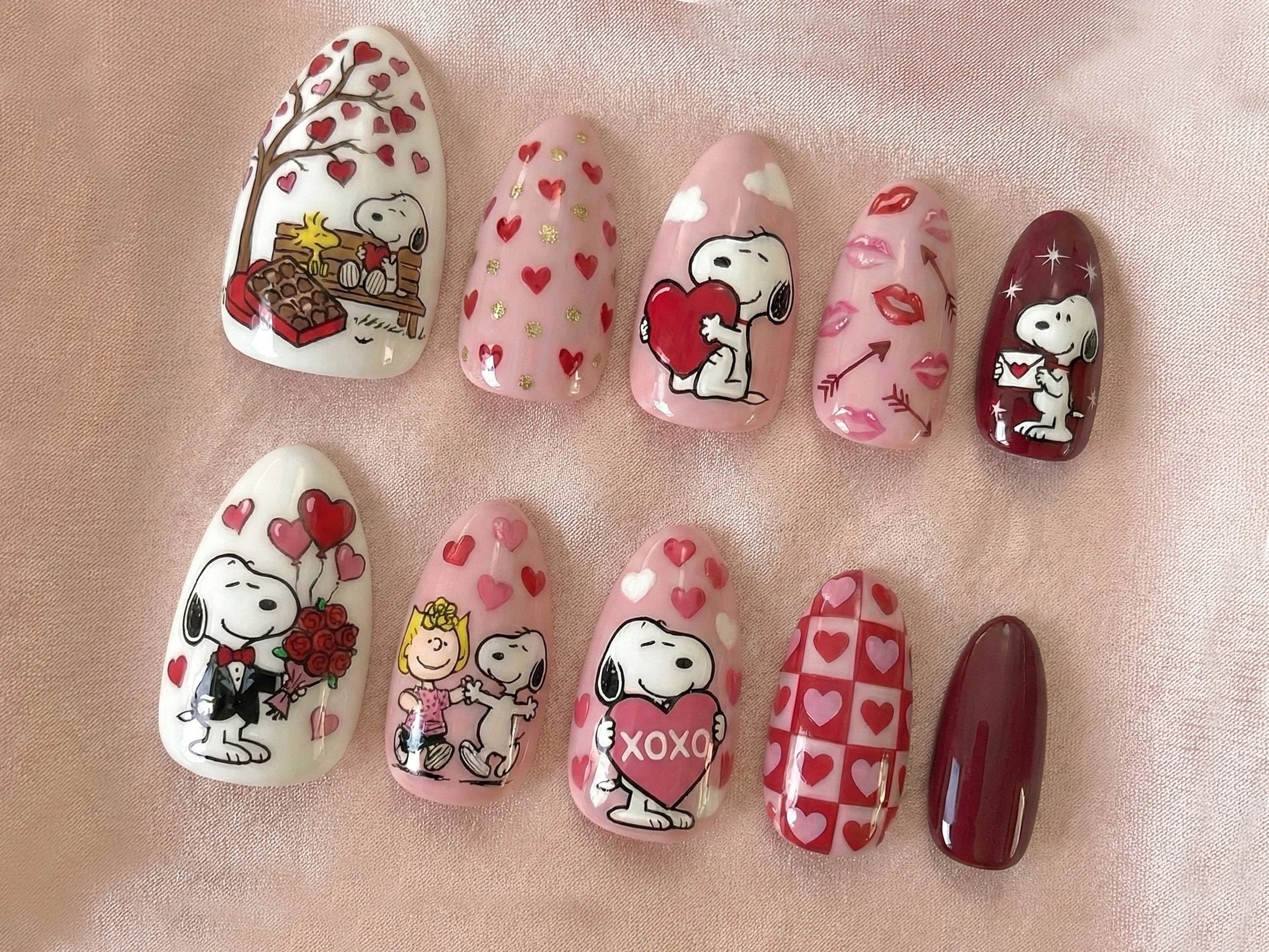 Snoopy Love Story Press On Nails | Valentine Cartoon Nails | Pink Heart Nail Art | Cute Snoopy & Peanuts Design | Handmade Press Ons