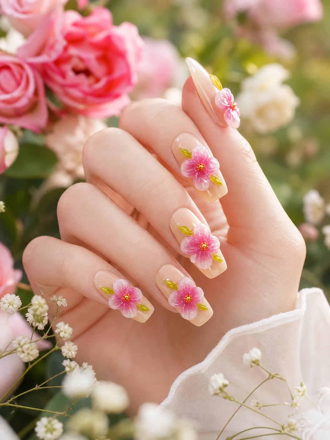 3D Cherry Blossom Press-On Nails Pink Floral French Tip Nails Nude & Pink Flower Fake Nails Spring Blossom Nail Art Set/012