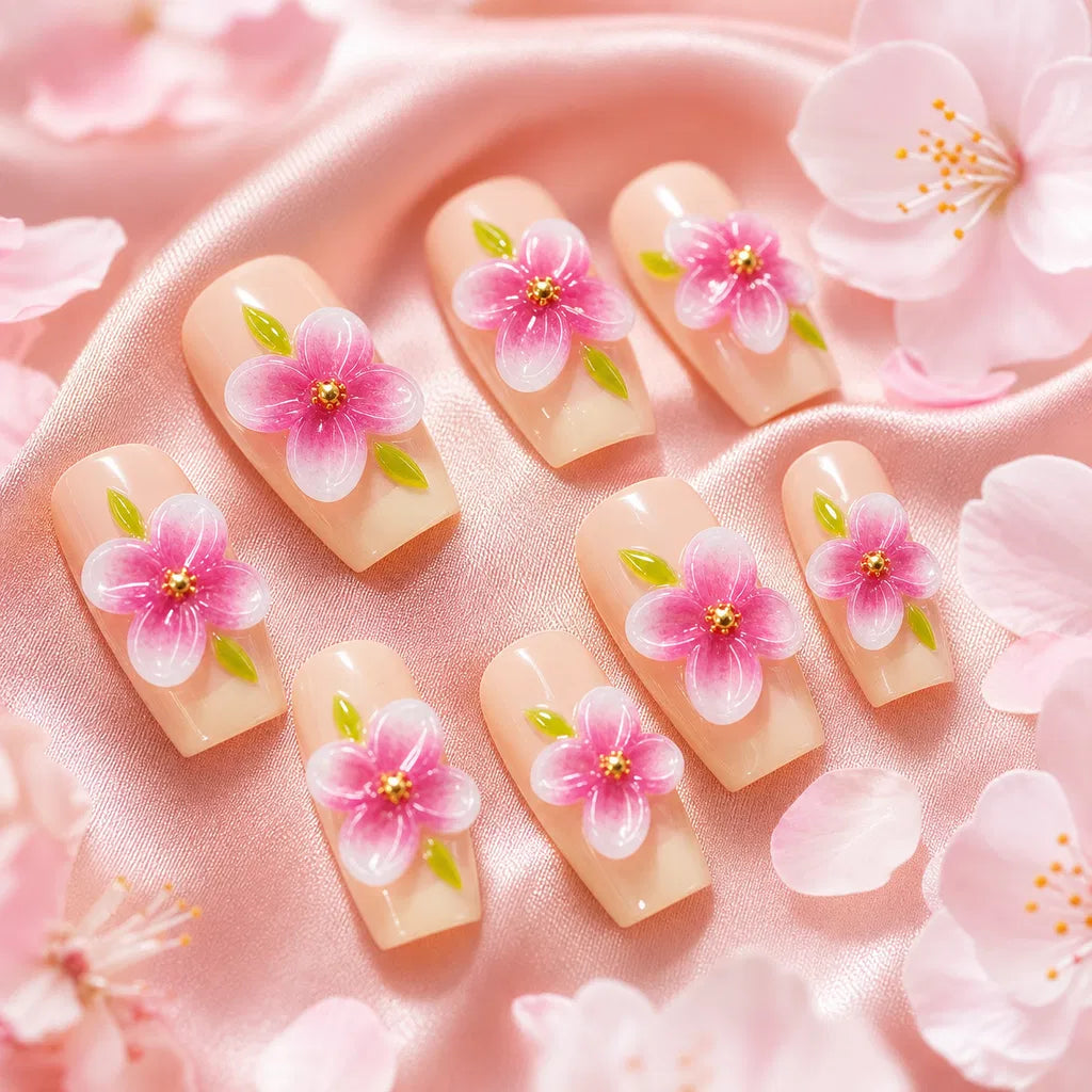 3D Cherry Blossom Press-On Nails Pink Floral French Tip Nails Nude & Pink Flower Fake Nails Spring Blossom Nail Art Set/012