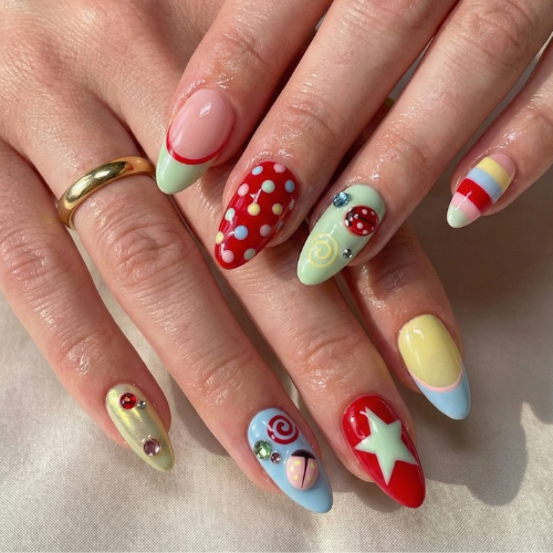 Press On Nails Adhesive Tabs with Colorful Pastel Dot & Star Art Design, Handmade Long Playful Fake Nails for Dopamine Aesthetic or Kawaii Statement Look | DB03L