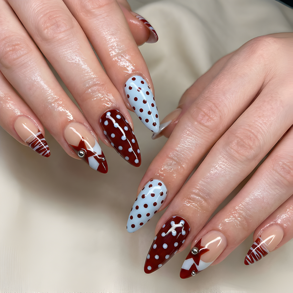 Nail Tabs for Press On Nails ?M?Nude Brown Blue Polka Dot French Tip Cute Nails | DB01L