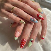 Press On Nails Adhesive Tabs with Colorful Pastel Dot & Star Art Design, Handmade Long Playful Fake Nails for Dopamine Aesthetic or Kawaii Statement Look | DB03L