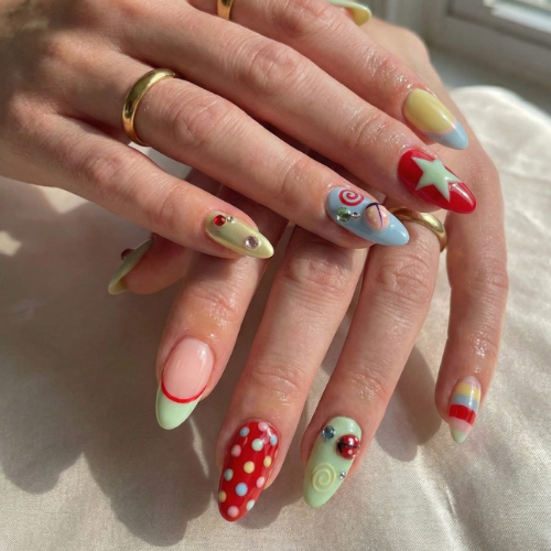 Press On Nails Adhesive Tabs with Colorful Pastel Dot & Star Art Design, Handmade Long Playful Fake Nails for Dopamine Aesthetic or Kawaii Statement Look | DB03L