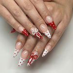 Press On Nails Adhesive Tabs with Red & White Polka Dot French Tip and 3D Bow Design, Handmade Long Stiletto Fake Nails for Valentine Look or Coquette Aesthetic Nails