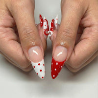 Press On Nails Adhesive Tabs with Red & White Polka Dot French Tip and 3D Bow Design, Handmade Long Stiletto Fake Nails for Valentine Look or Coquette Aesthetic Nails