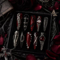 Gothic Crimson Relic Luxury Press-On Nails – Dark Red & Black Gemstone Gothic Style/005