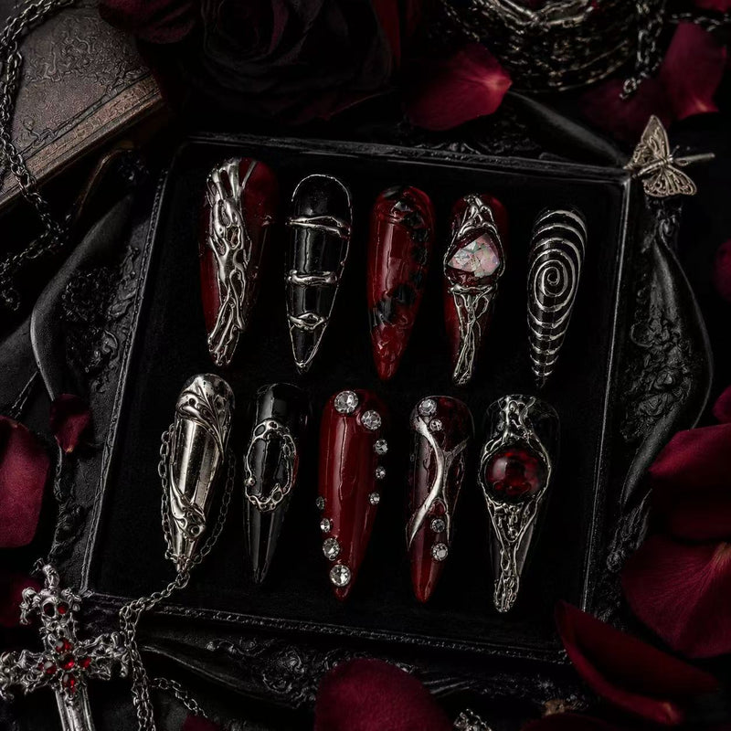 Gothic Crimson Relic Luxury Press-On Nails – Dark Red & Black Gemstone Gothic Style/005