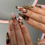 Gold Wave Floral Press On Nails | Elegant Wedding Press-On Nail Set | Luxurious Gold Bloom Design | FL91