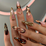 Gold Wave Floral Press On Nails | Elegant Wedding Press-On Nail Set | Luxurious Gold Bloom Design | FL91