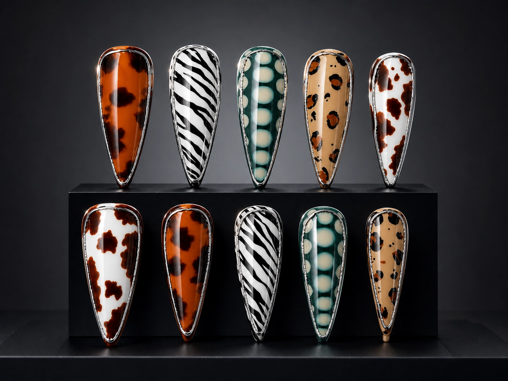 Wild Animal Print Press-On Nails Tortoiseshell & Zebra Stiletto Nails Metallic Edge Leopard Fake Nails Retro Safari Nail Art Set/011