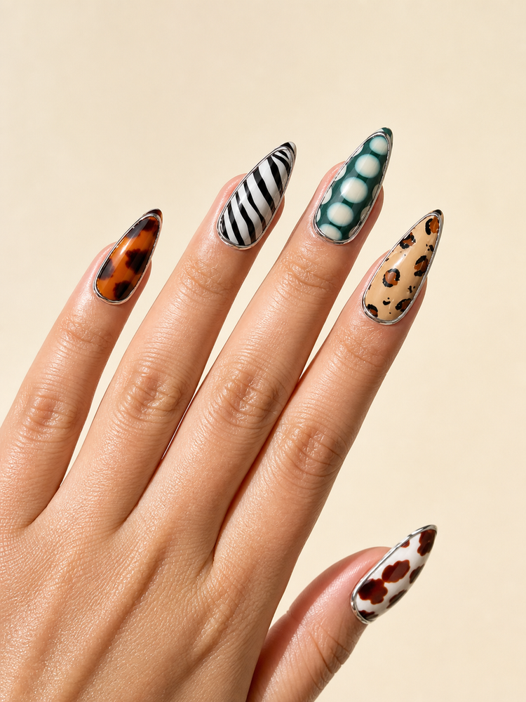 Wild Animal Print Press-On Nails Tortoiseshell & Zebra Stiletto Nails Metallic Edge Leopard Fake Nails Retro Safari Nail Art Set/011