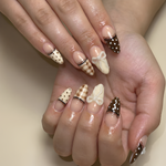 Nail Tabs for Press On Nails ?M?Nude Brown Polka Dot Gingham & 3D Bow Long Almond Handmade Cute Coquette Fake Nails | DB04L