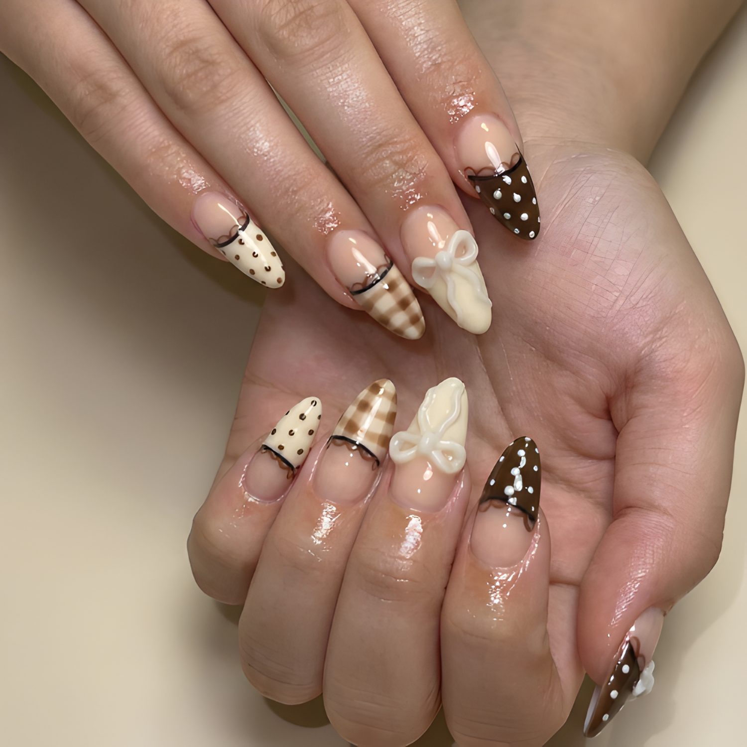 Nail Tabs for Press On Nails ?M?Nude Brown Polka Dot Gingham & 3D Bow Long Almond Handmade Cute Coquette Fake Nails | DB04L