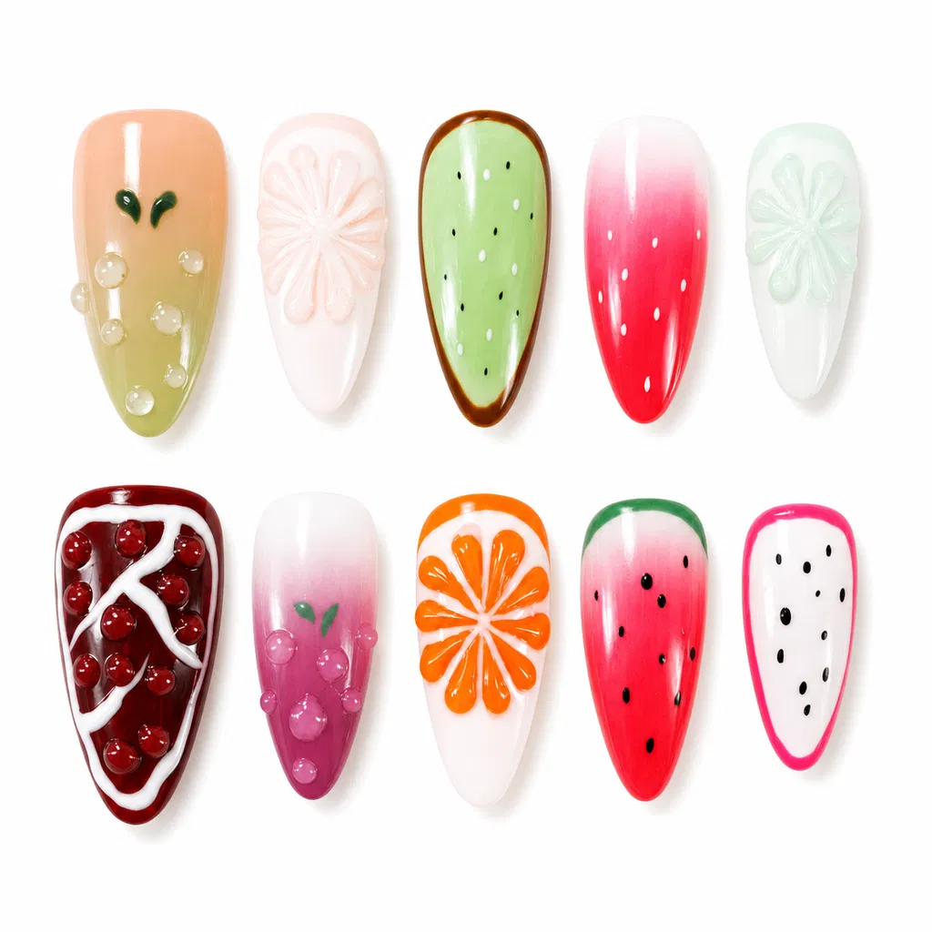 Fruity Fresh Press-On Nails Summer Fruit Nail Art Set 3D Fruit Themed Fake Nails Juicy Summer Nail Vibes/009