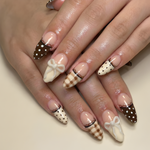 Nail Tabs for Press On Nails ?M?Nude Brown Polka Dot Gingham & 3D Bow Long Almond Handmade Cute Coquette Fake Nails | DB04L