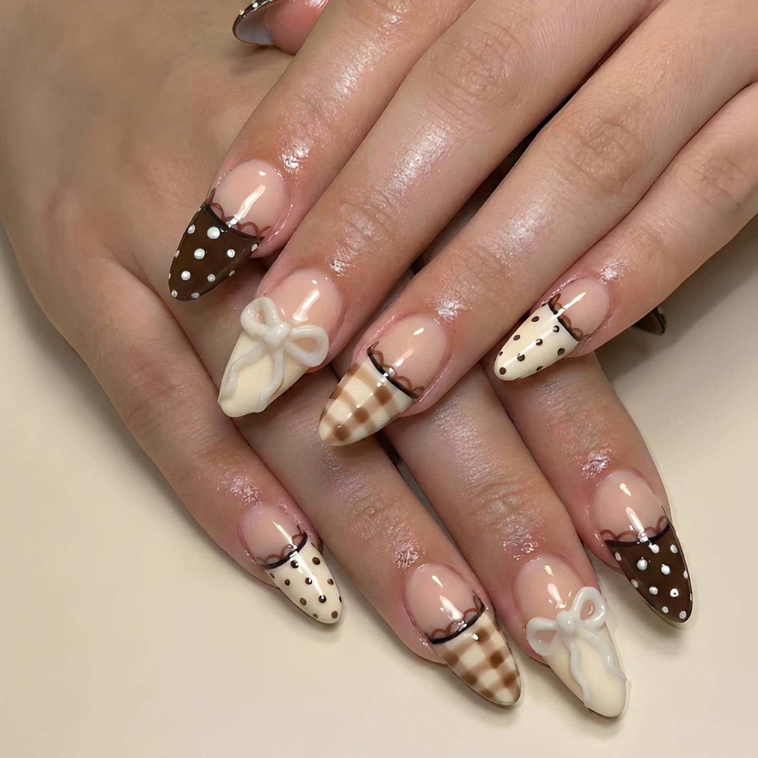 Nail Tabs for Press On Nails ?M?Nude Brown Polka Dot Gingham & 3D Bow Long Almond Handmade Cute Coquette Fake Nails | DB04L