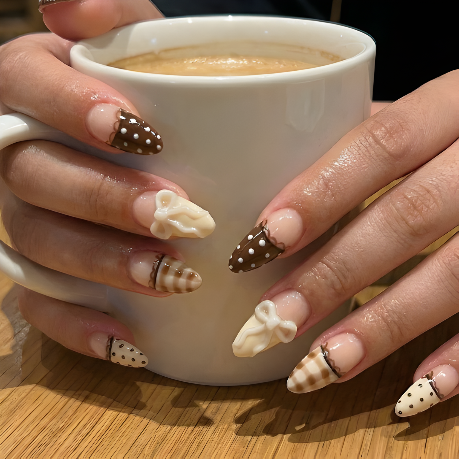Nail Tabs for Press On Nails ?M?Nude Brown Polka Dot Gingham & 3D Bow Long Almond Handmade Cute Coquette Fake Nails | DB04L