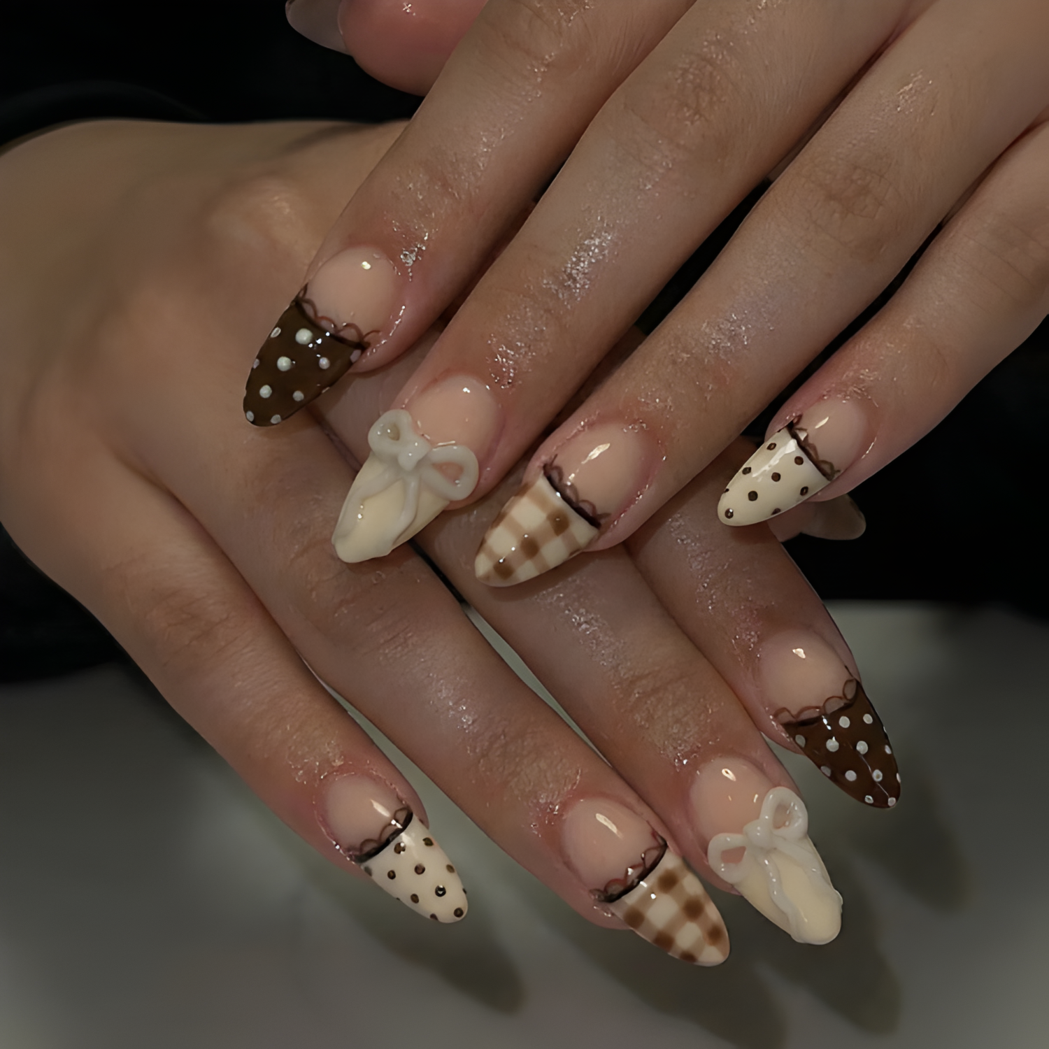 Nail Tabs for Press On Nails ?M?Nude Brown Polka Dot Gingham & 3D Bow Long Almond Handmade Cute Coquette Fake Nails | DB04L