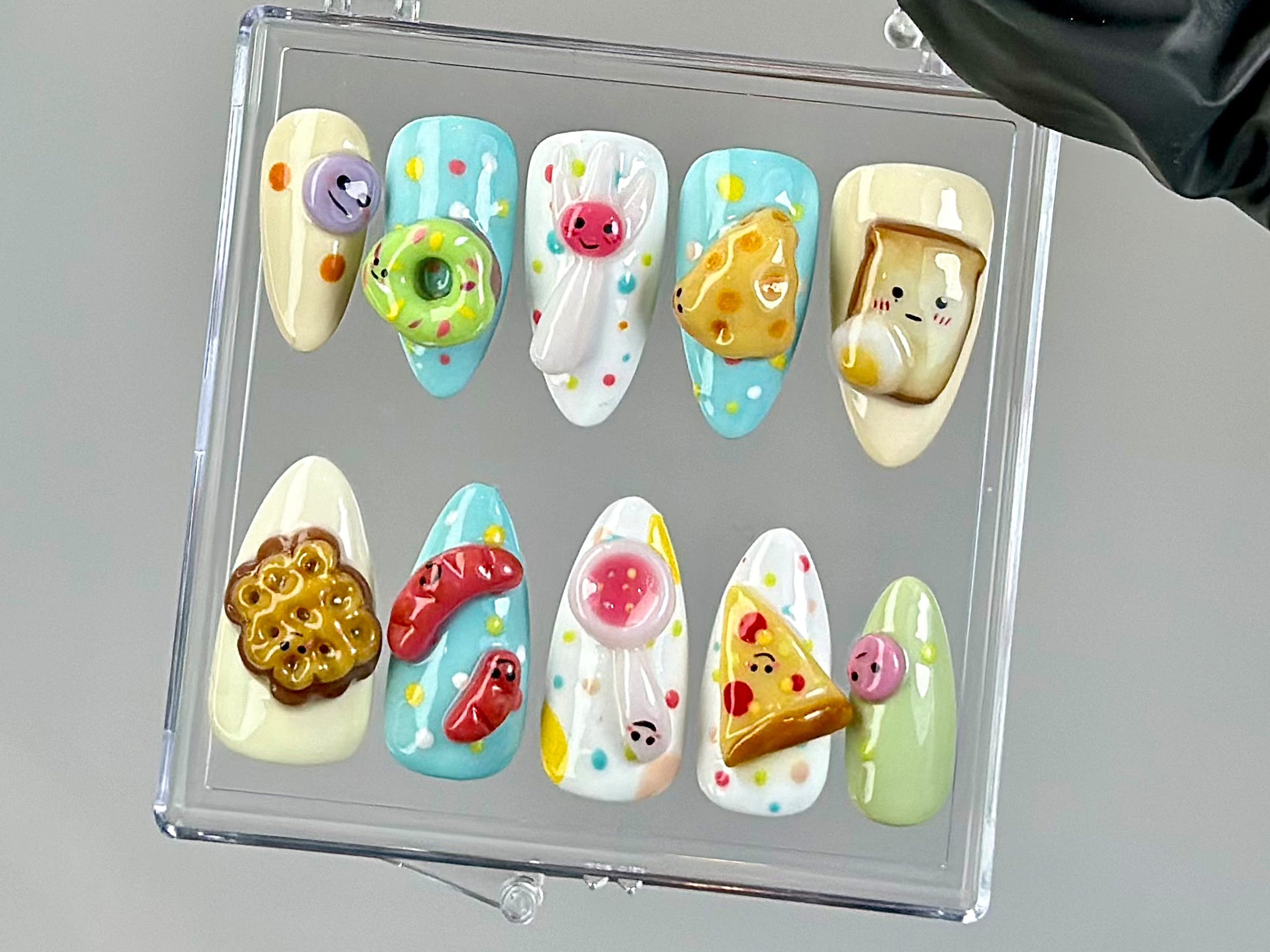 Kawaii Food Press On Nails | Cute Bakery Press Ons | Donut & Snack Fake Nails | Cute Bakery Nail Art | Ice Cream, Waffle Nails | HB757YC