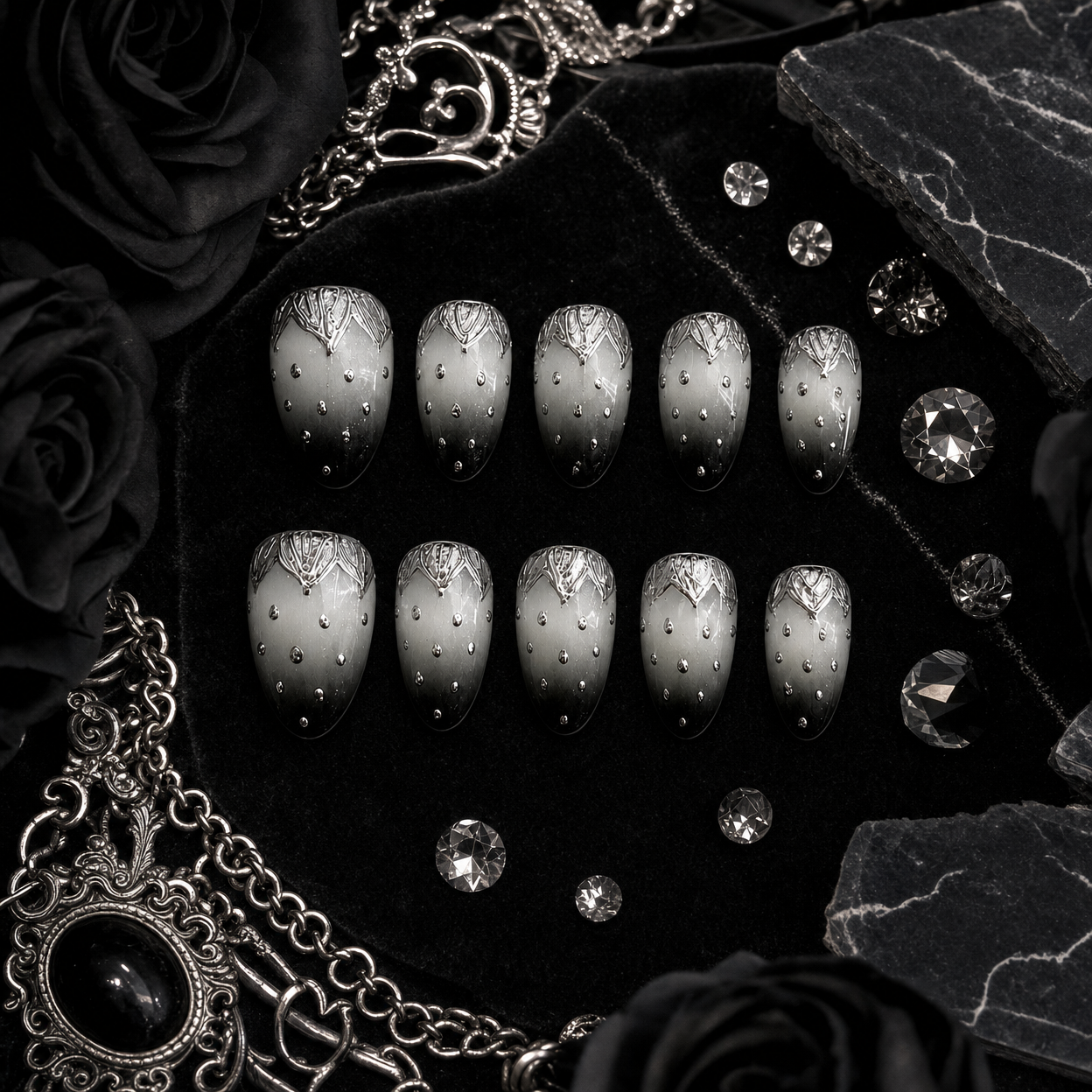 Dark Elegance Nails ¨C Luxury Gothic Chic Press-Ons Black-to-Gray Gradient Nails with Metallic 3D Accents Rebel & Glam ¨C Reusable Stick-On Luxury Nails/0002