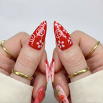 Press On Nails Adhesive Tabs with Red Cherry & Heart Swirl Art Design, Handmade Long Stiletto Fake Nails for Valentine Aesthetic or Romantic Statement Look | DB02L