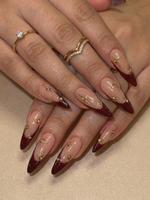 Nail Tabs for Press On Nails ?M?Burgundy Star French Press On Nails for Luxury Women | DB10E